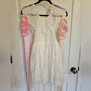 Elegant White Lace Kids Dress with Pink Floral Accents